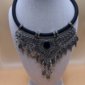 Chico's Metal Statement Necklace with Black Cabochon on Black Cord